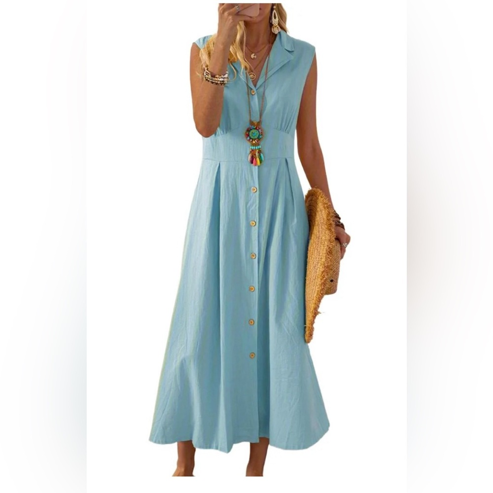Summer Dresses - Loose Cotton Turn-Down Linen- Ladies Knee Midi Sundress